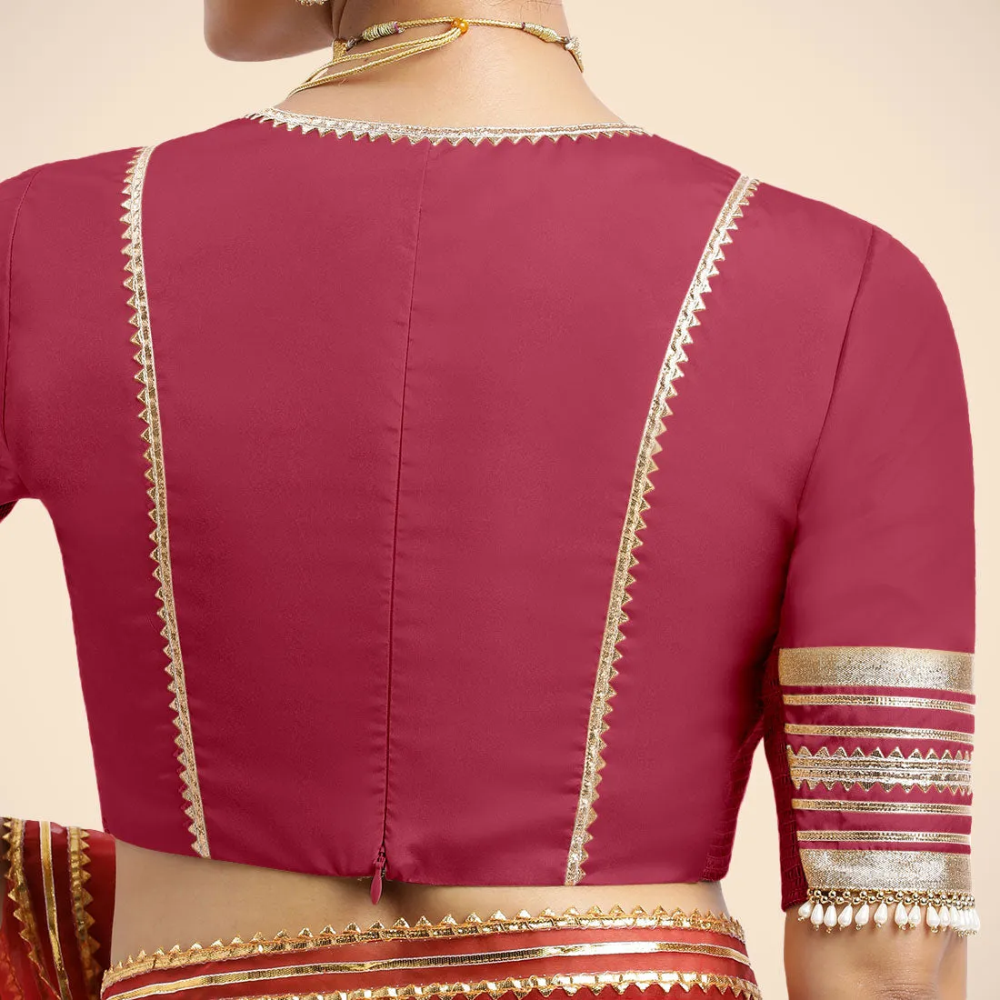 Nafeeza x Tyohaar | Rani Pink Embellished Elbow Sleeves FlexiFit™ Saree Blouse with Plunging V Neckline with Tasteful Golden Gota Lace