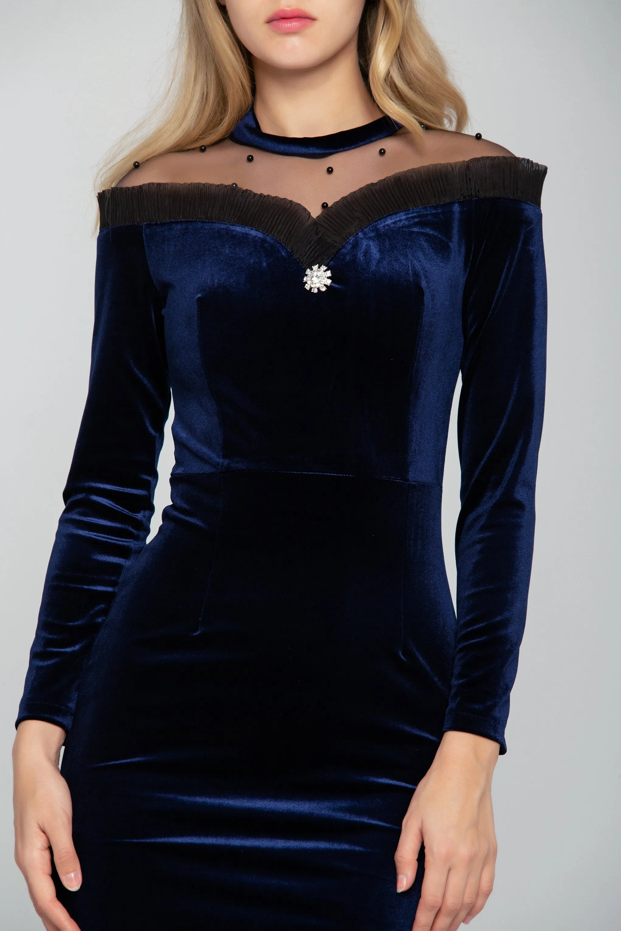 Navy Blue Sheer Yoke Velvet Maxi Dress