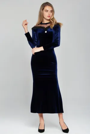 Navy Blue Sheer Yoke Velvet Maxi Dress