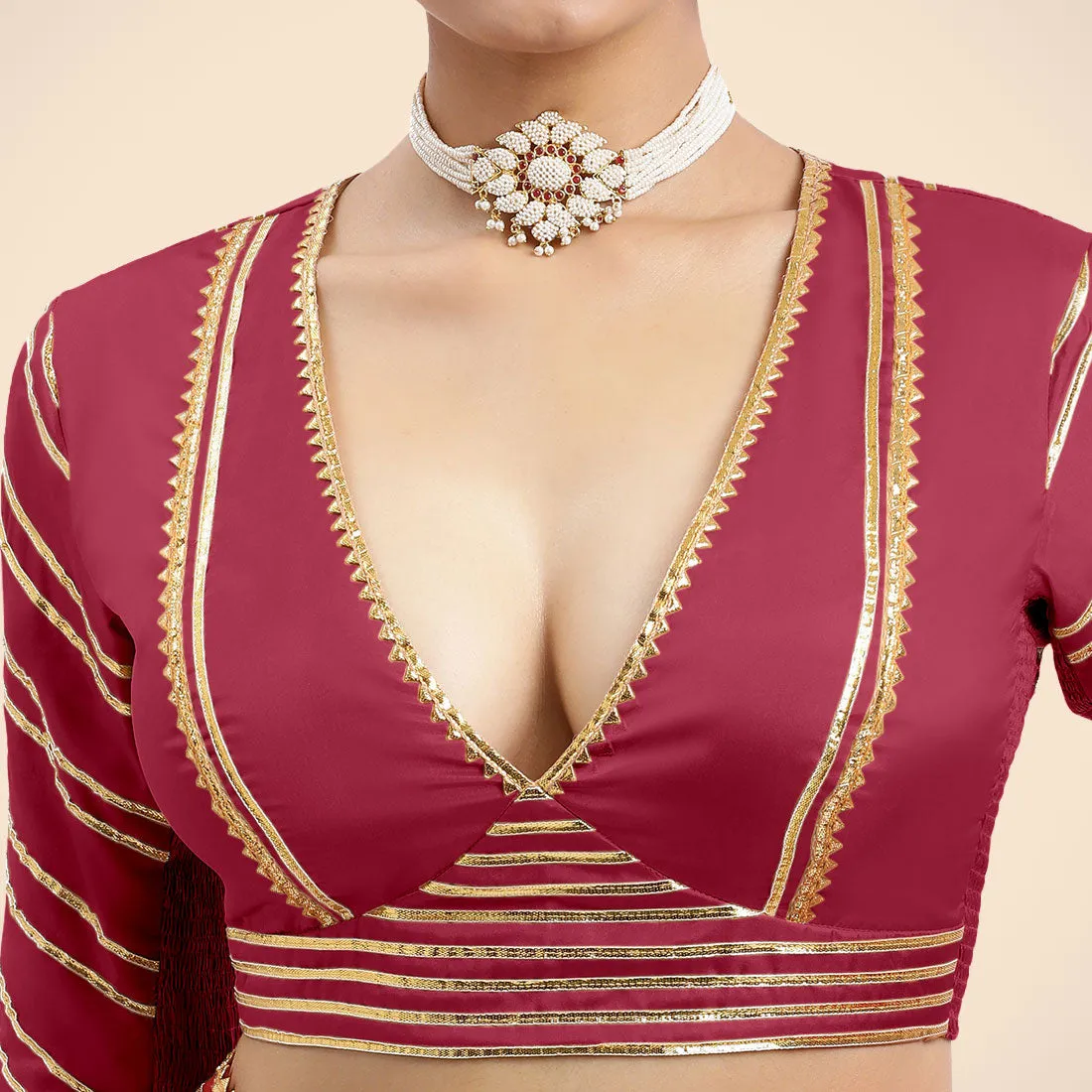 Navya x Tyohaar | Rani Pink Elbow Sleeves FlexiFit™ Saree Blouse with Plunging V Neckline with Tasteful Golden Gota Lace