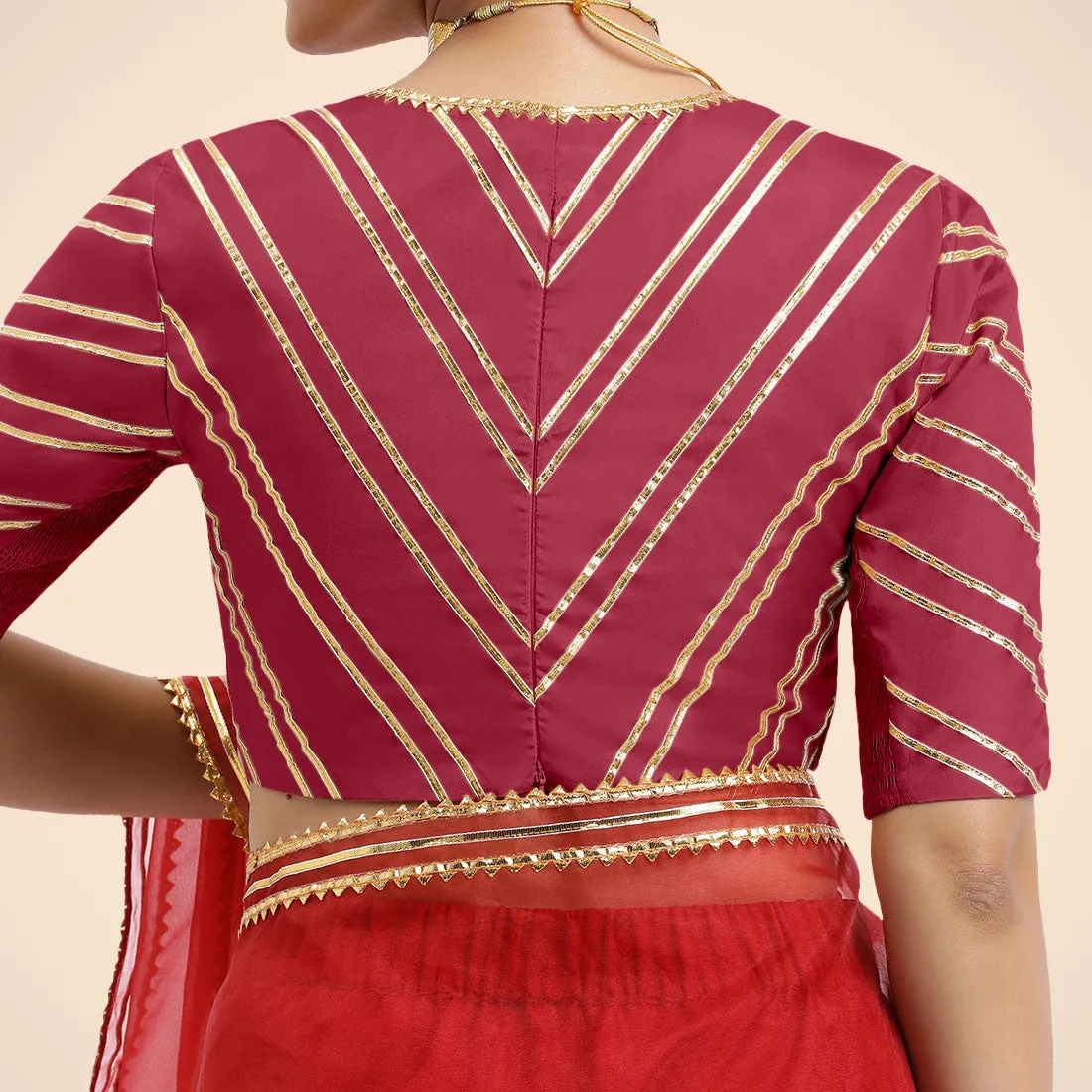 Navya x Tyohaar | Rani Pink Elbow Sleeves FlexiFit™ Saree Blouse with Plunging V Neckline with Tasteful Golden Gota Lace