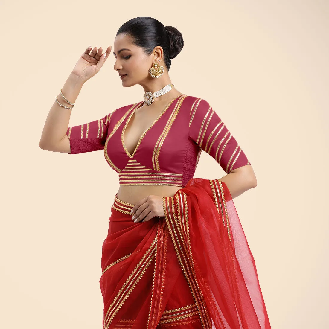 Navya x Tyohaar | Rani Pink Elbow Sleeves FlexiFit™ Saree Blouse with Plunging V Neckline with Tasteful Golden Gota Lace