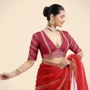 Navya x Tyohaar | Rani Pink Elbow Sleeves FlexiFit™ Saree Blouse with Plunging V Neckline with Tasteful Golden Gota Lace