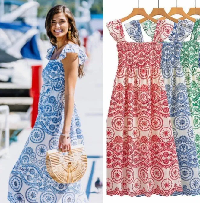 new smocked sundress Boho red green or blue Bluebonnet MAXI floral eyelet embroidery ruffled femme dress Spring Summer baby bridal birthday