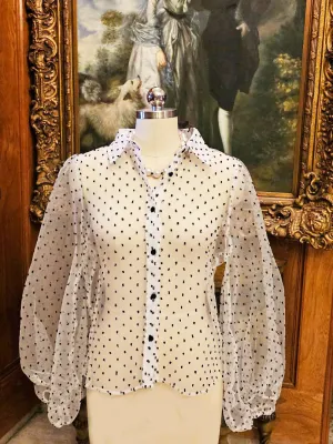 NEW WITH TAG - BEAUTIFUL SHEER WHITE BLOUSE WITH BLACK DOTS AND HUGE PUFFY SLEEVES