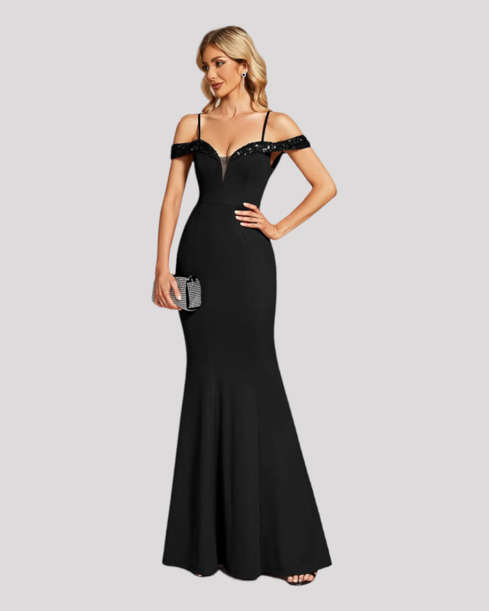 Off the Shoulder Evening Dress with Sequin Detailed Neckline, Choose from 3 colours