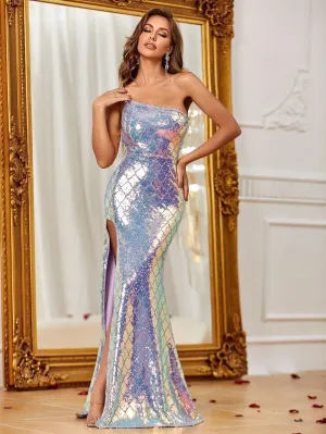 One Shoulder Cut Out Sequin Slit Party Dress