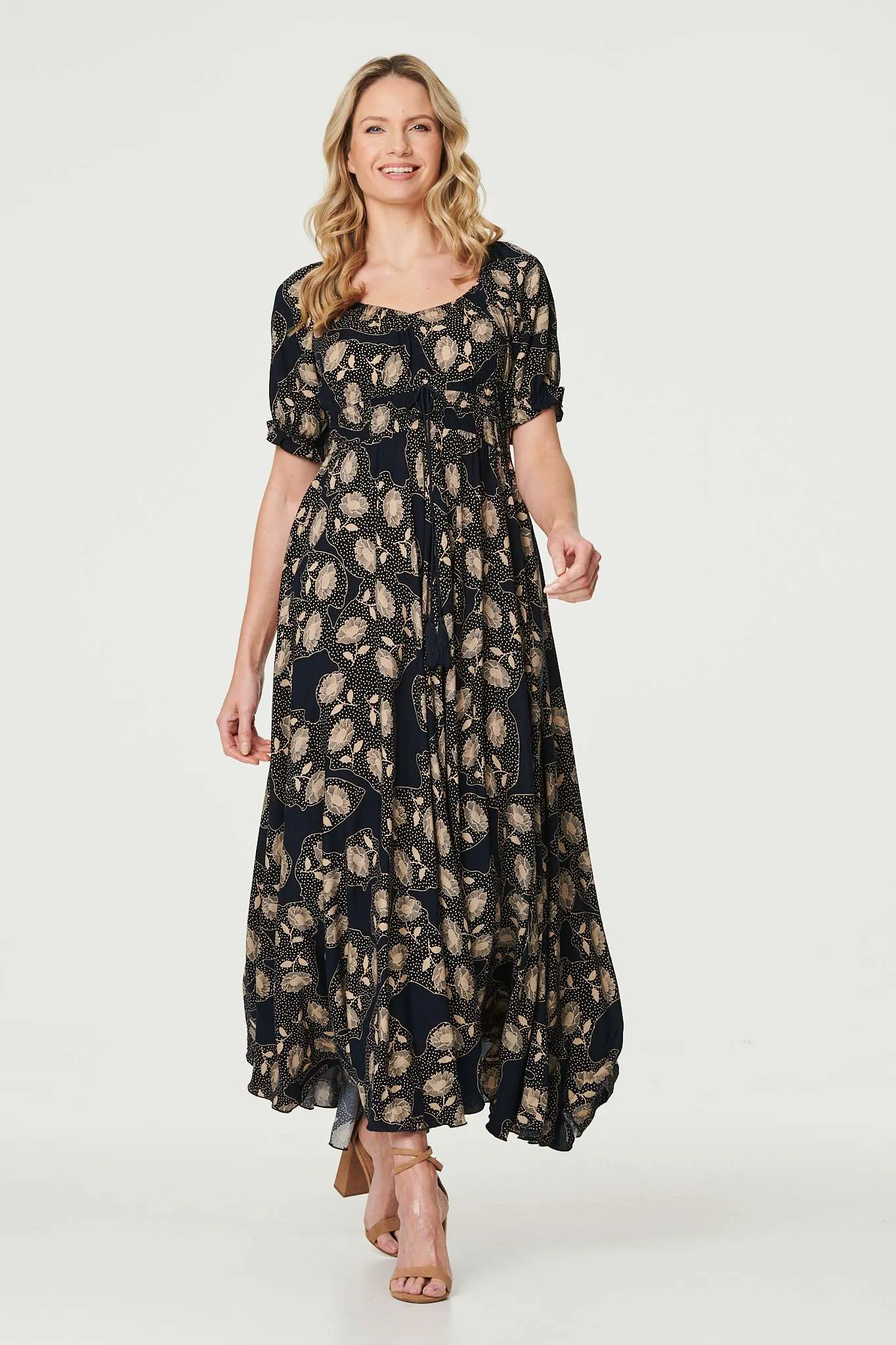 Printed Shirred Waist Maxi Dress