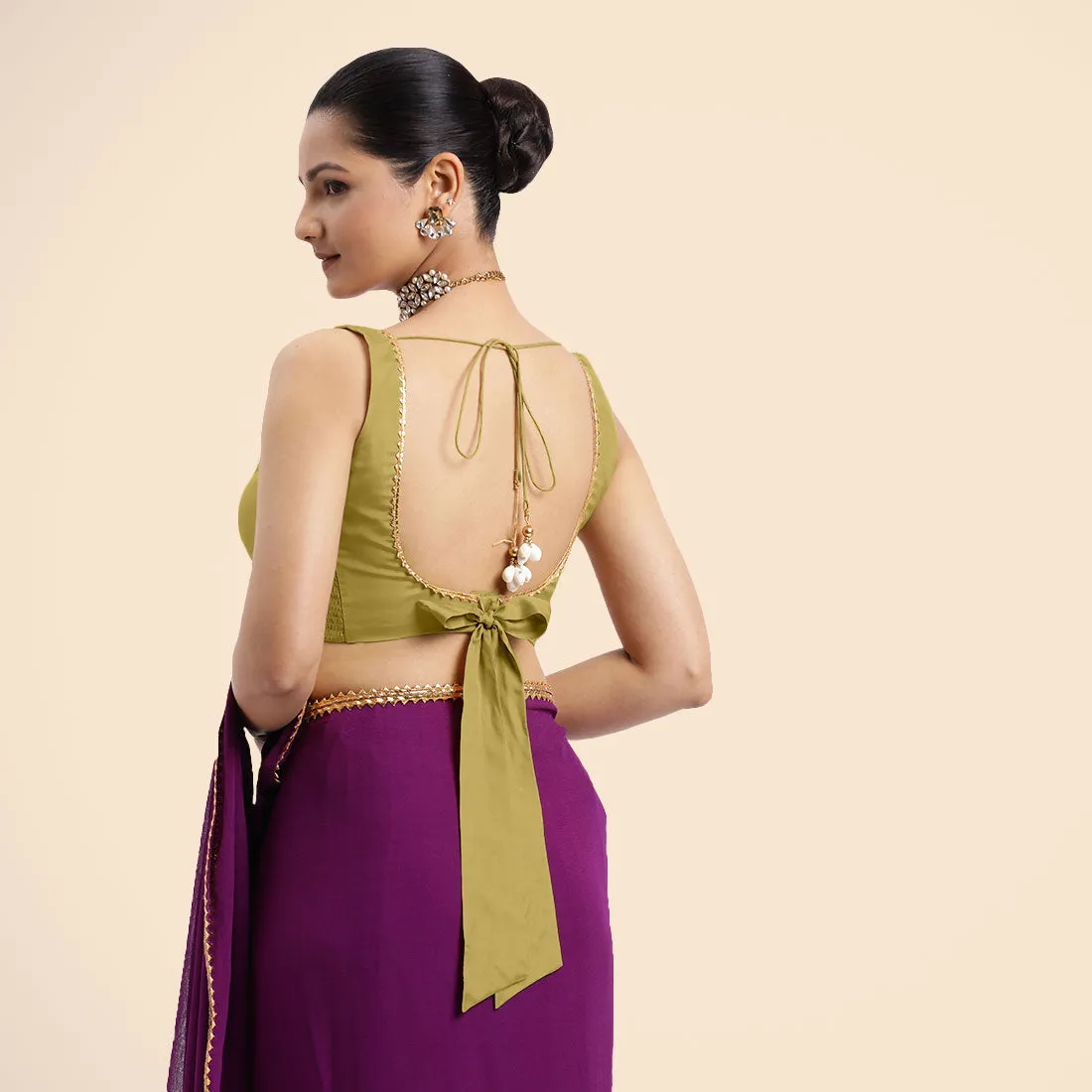 Raisa x Tyohaar | Lemon Yellow Sleeveless FlexiFit™ Saree Blouse with V Neckline with Golden Gota Lace Embellishment and Back Cut-out with Tie-Up