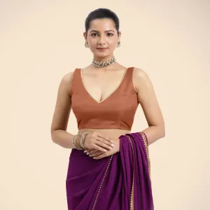 Raisa x Tyohaar | Metallic Copper Sleeveless FlexiFit™ Saree Blouse with V Neckline with Golden Gota Lace Embellishment and Back Cut-out with Tie-Up