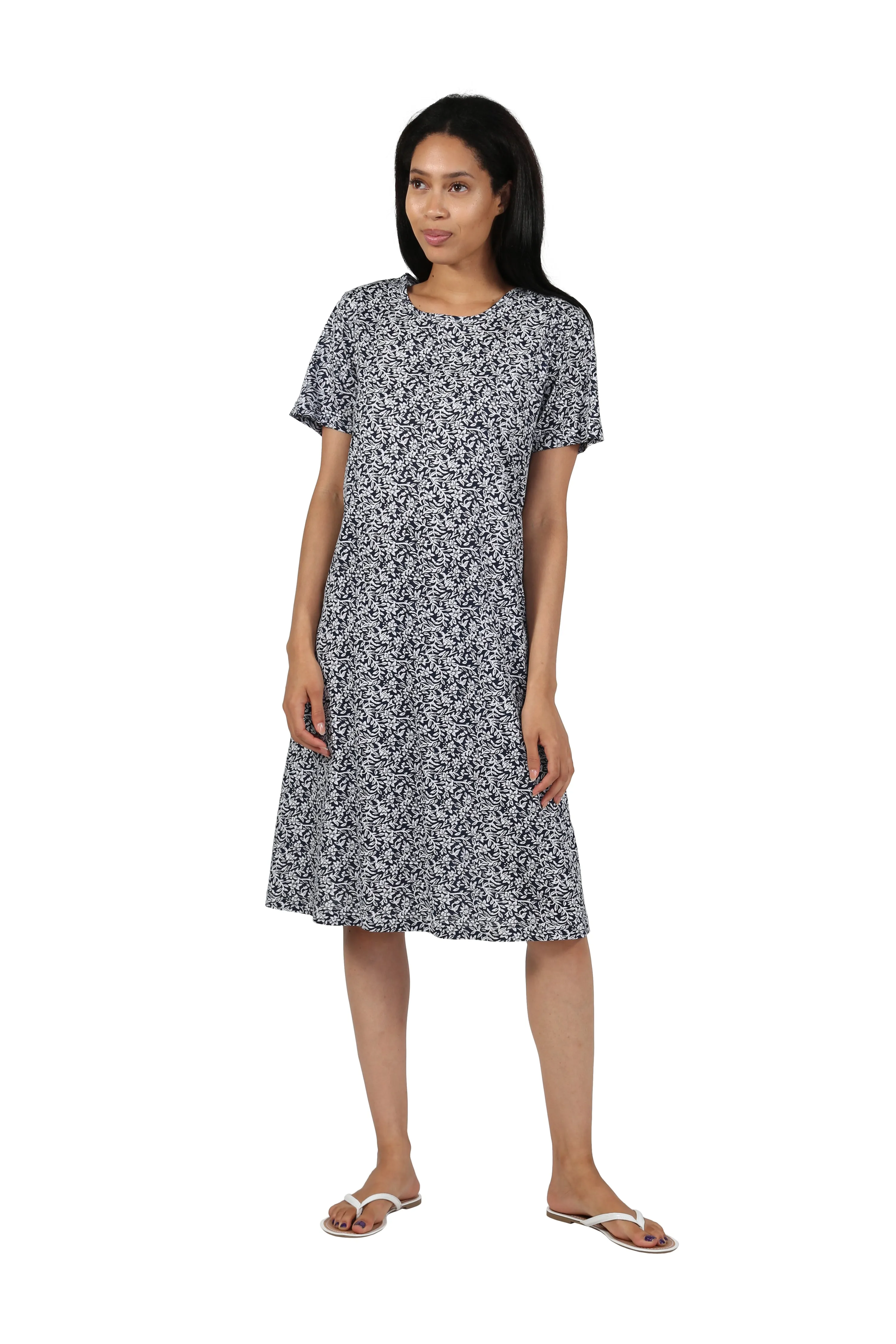 Short Sleeve Cotton Knit Floral A-Line Dress