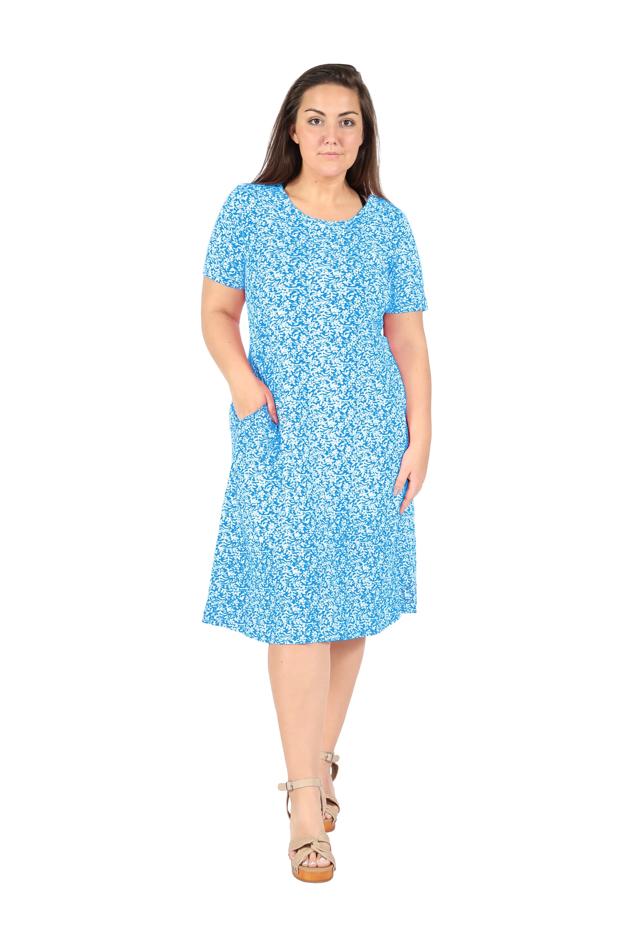 Short Sleeve Cotton Knit Floral A-Line Dress