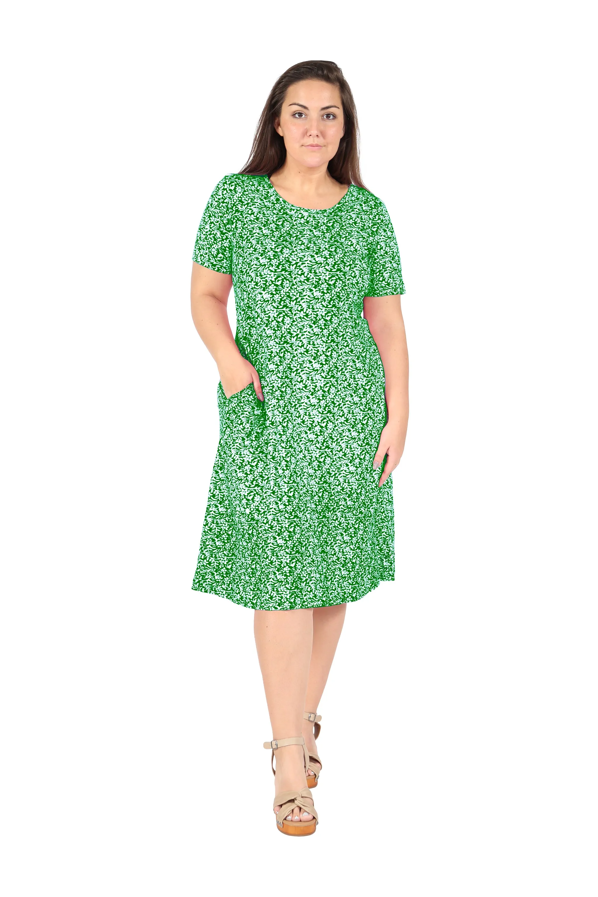 Short Sleeve Cotton Knit Floral A-Line Dress