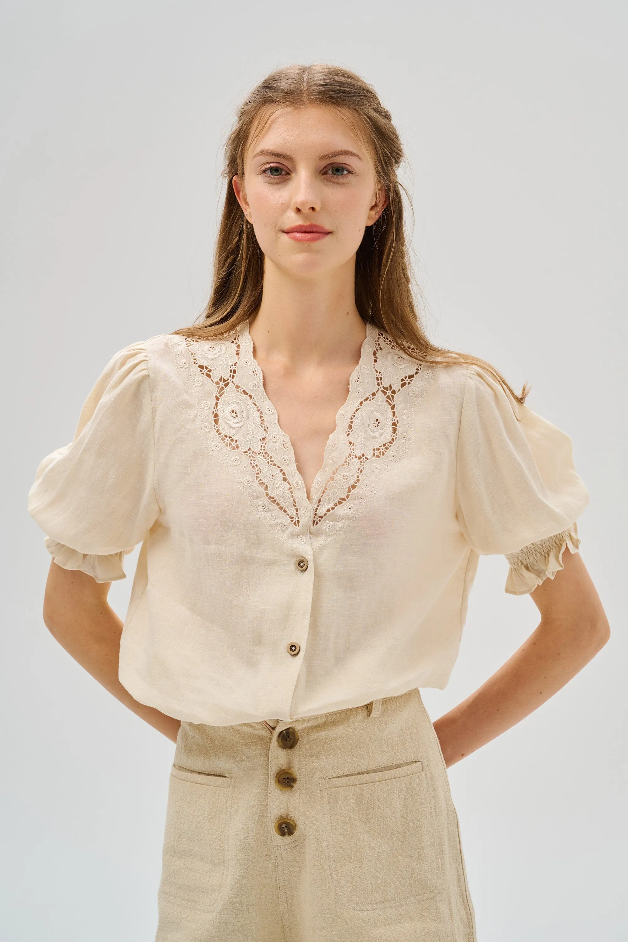 Summer 17 | openwork 100% linen blouse with lace