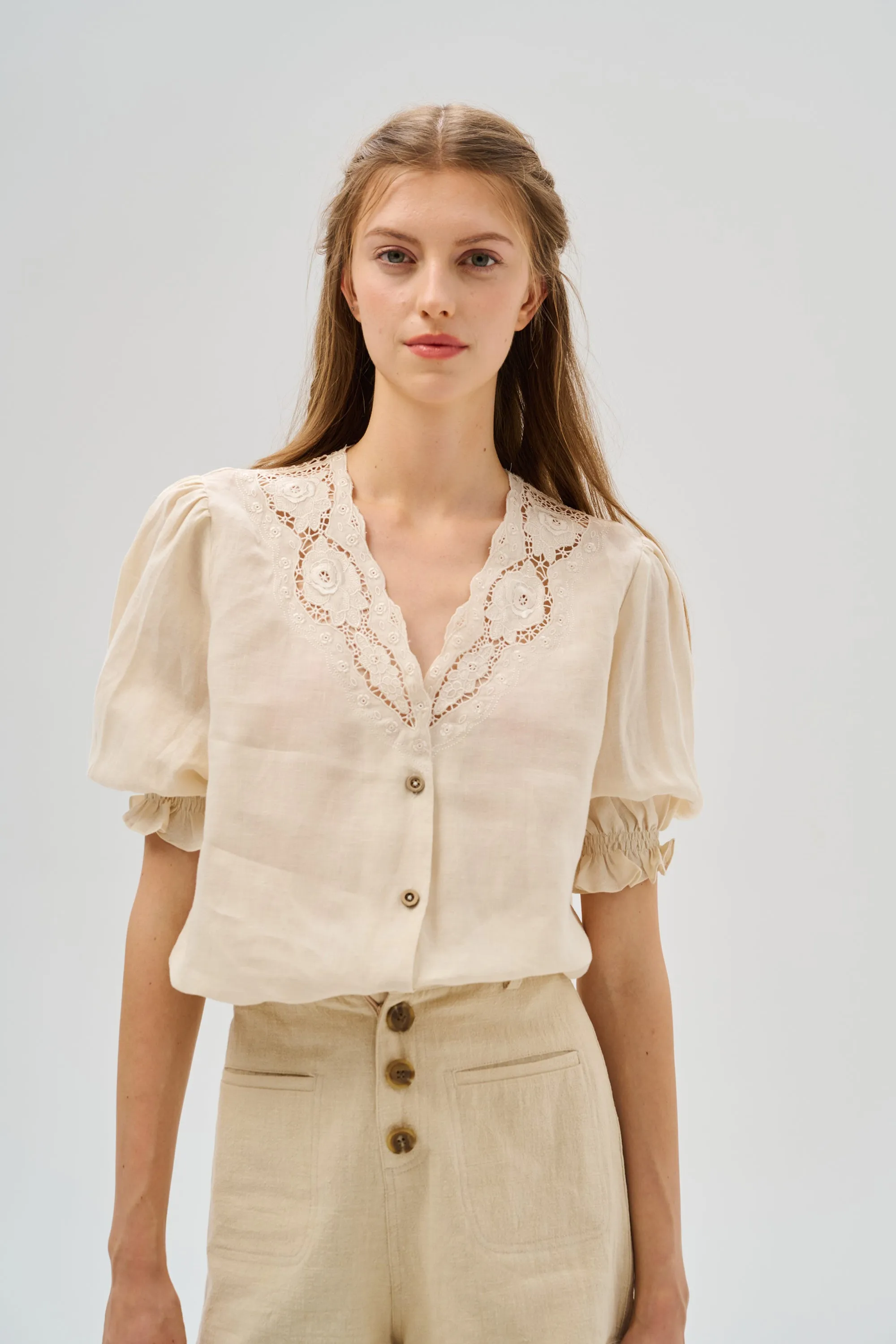 Summer 17 | openwork 100% linen blouse with lace