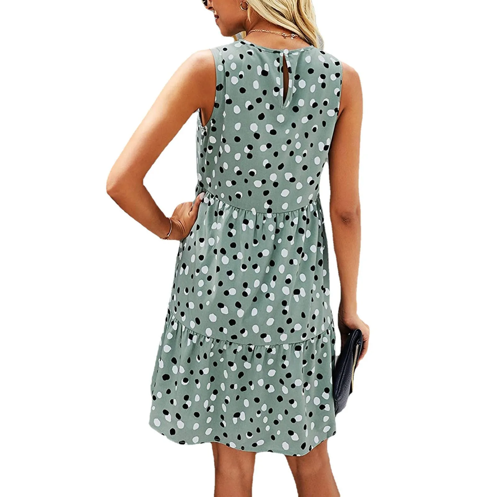 Summer Dot Print Sleeveless Loose Swing T-Shirt Dress With Pocket Casual Tank Mini Dresses Sundress