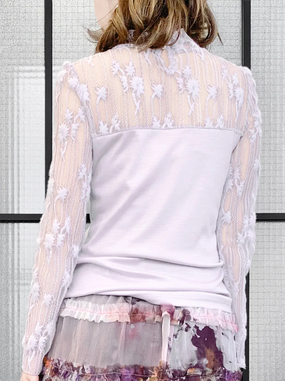 Surprise Sale! Lilac Lace Mesh Yoke Long Sleeve Woollen Tee