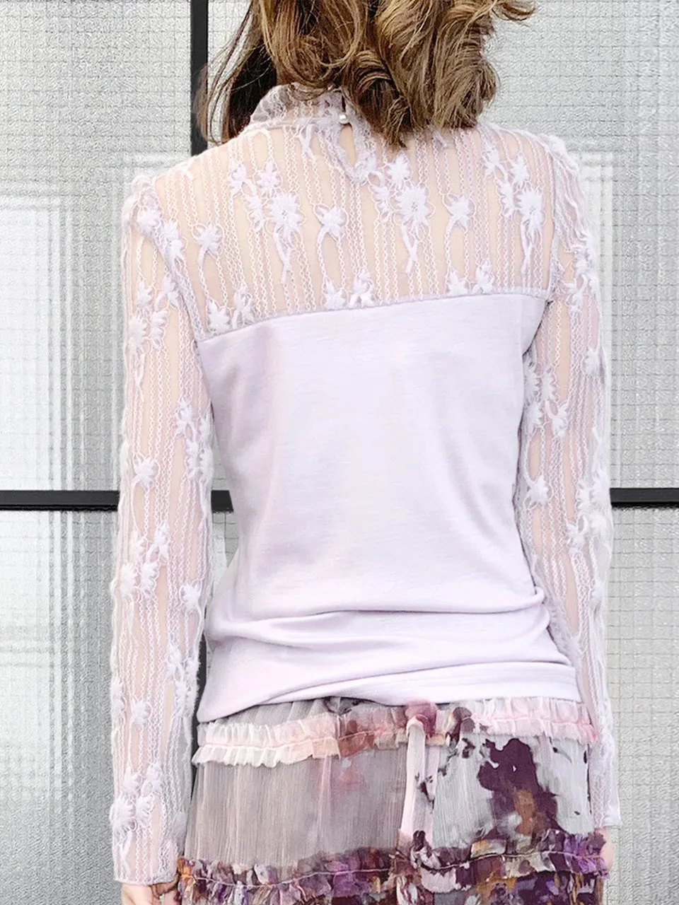 Surprise Sale! Lilac Lace Mesh Yoke Long Sleeve Woollen Tee