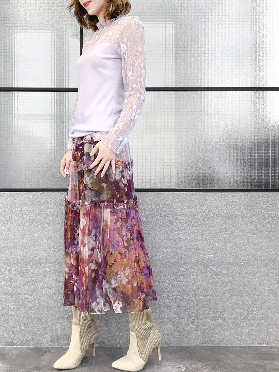 Surprise Sale! Lilac Lace Mesh Yoke Long Sleeve Woollen Tee