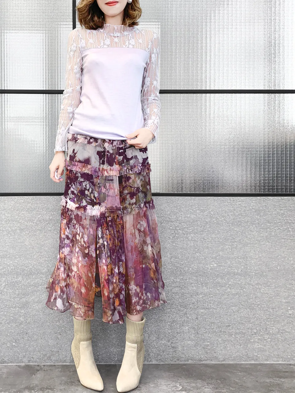 Surprise Sale! Lilac Lace Mesh Yoke Long Sleeve Woollen Tee