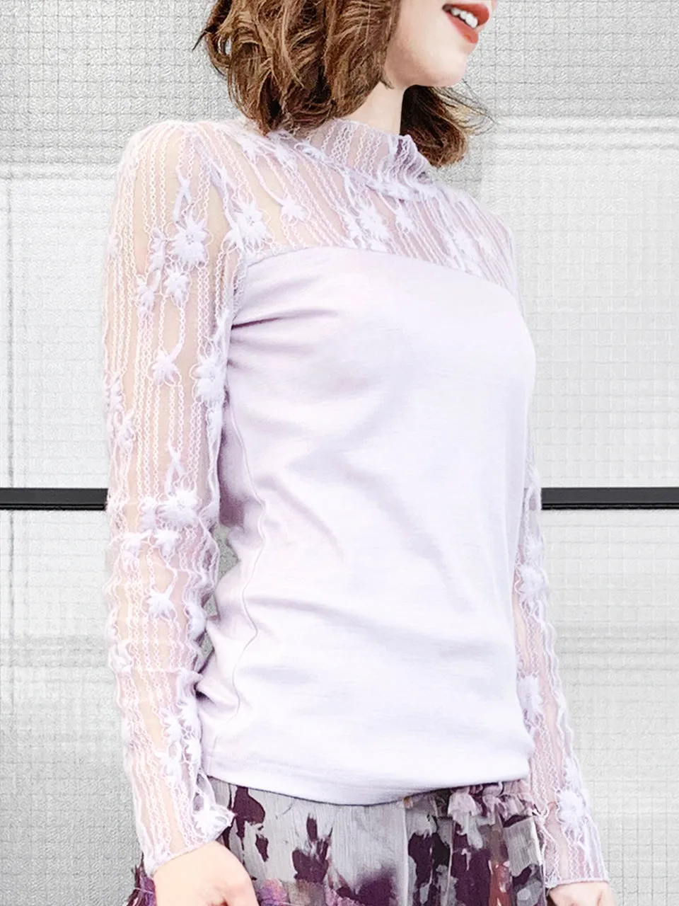 Surprise Sale! Lilac Lace Mesh Yoke Long Sleeve Woollen Tee