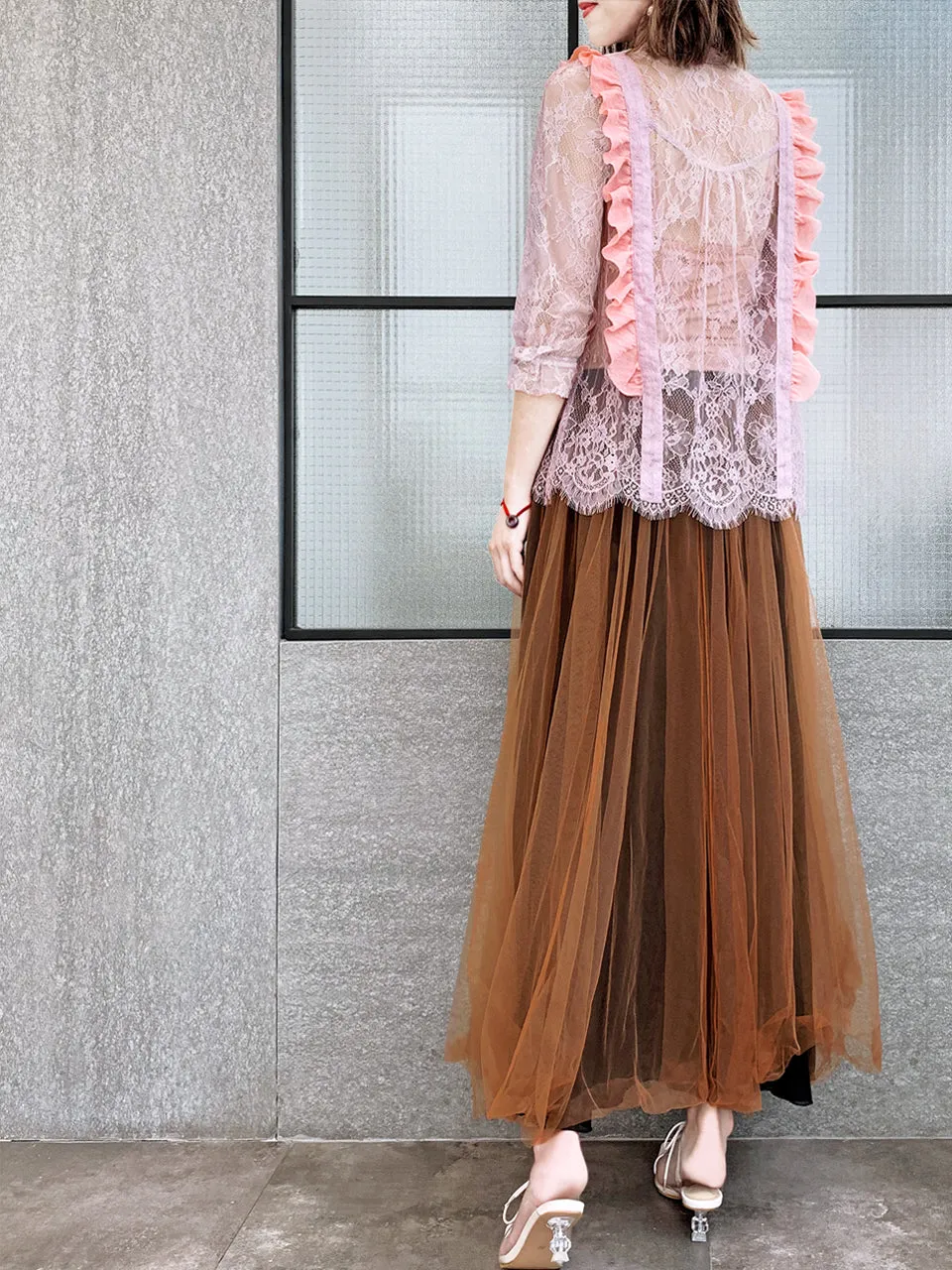 Surprise Sale! Pink Romance Ruffle Collar Sheer Eyelash Lace Blouse