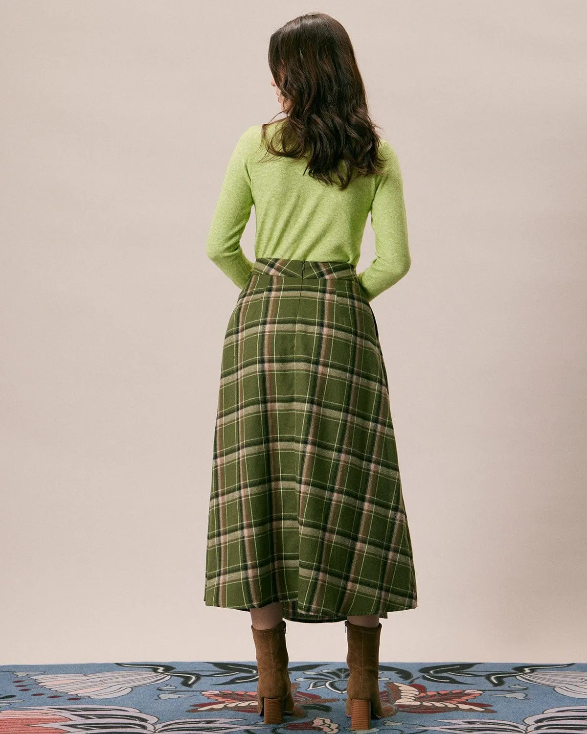 The Green Natural Waisted Plaid Midi Skirt