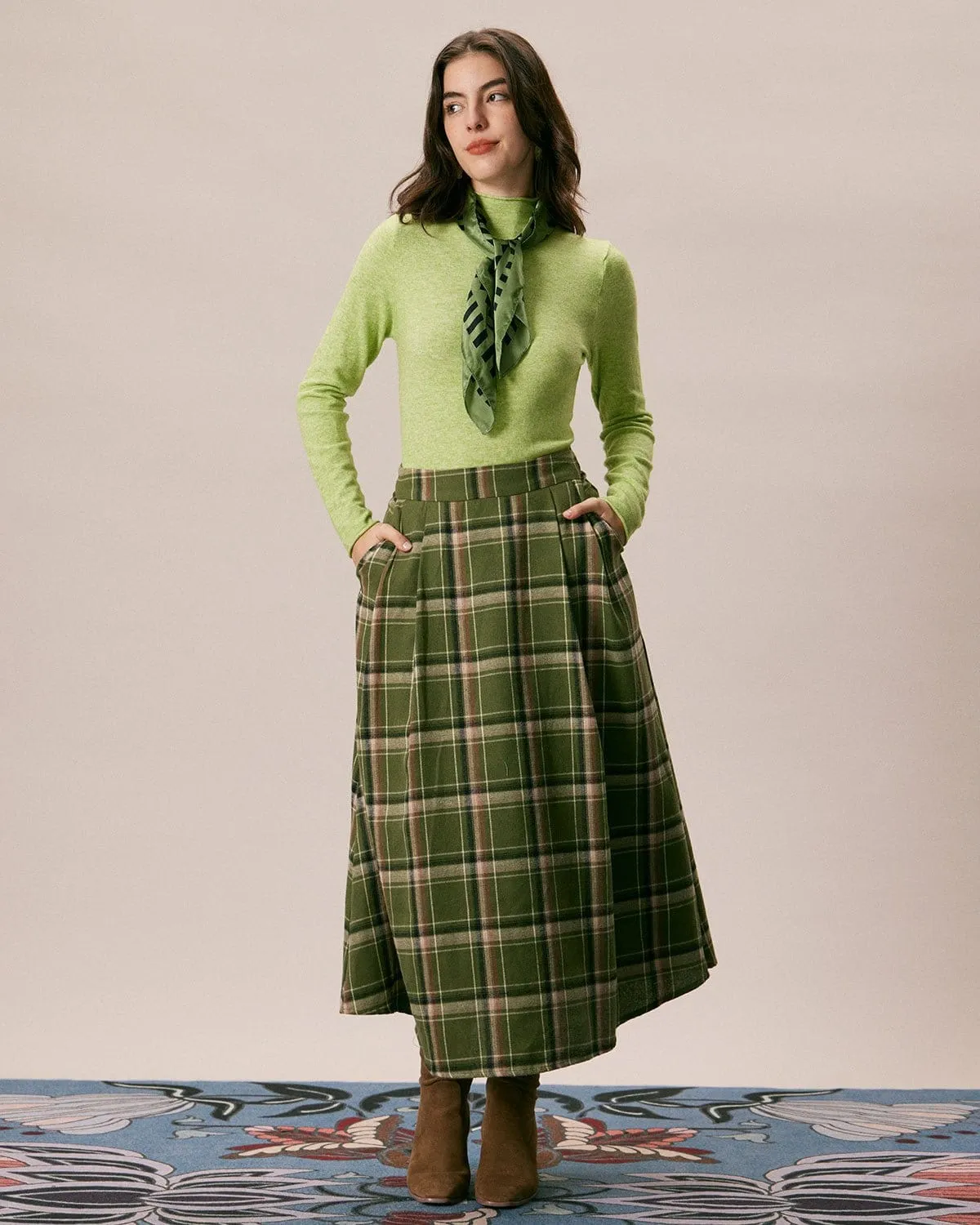 The Green Natural Waisted Plaid Midi Skirt