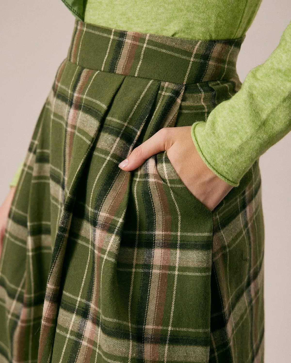 The Green Natural Waisted Plaid Midi Skirt