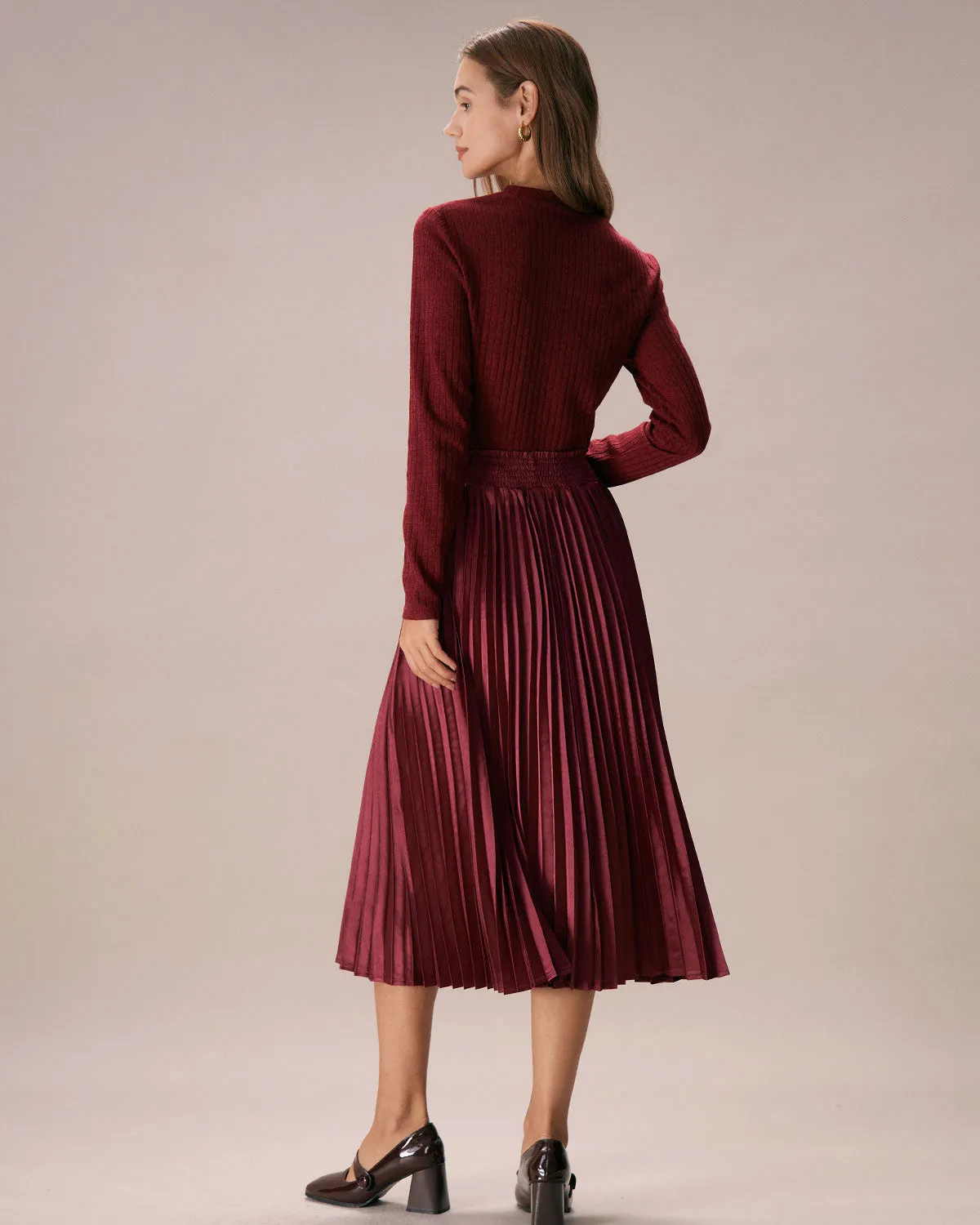 The Wine Red Elastic Waist Pleated Midi Skirt