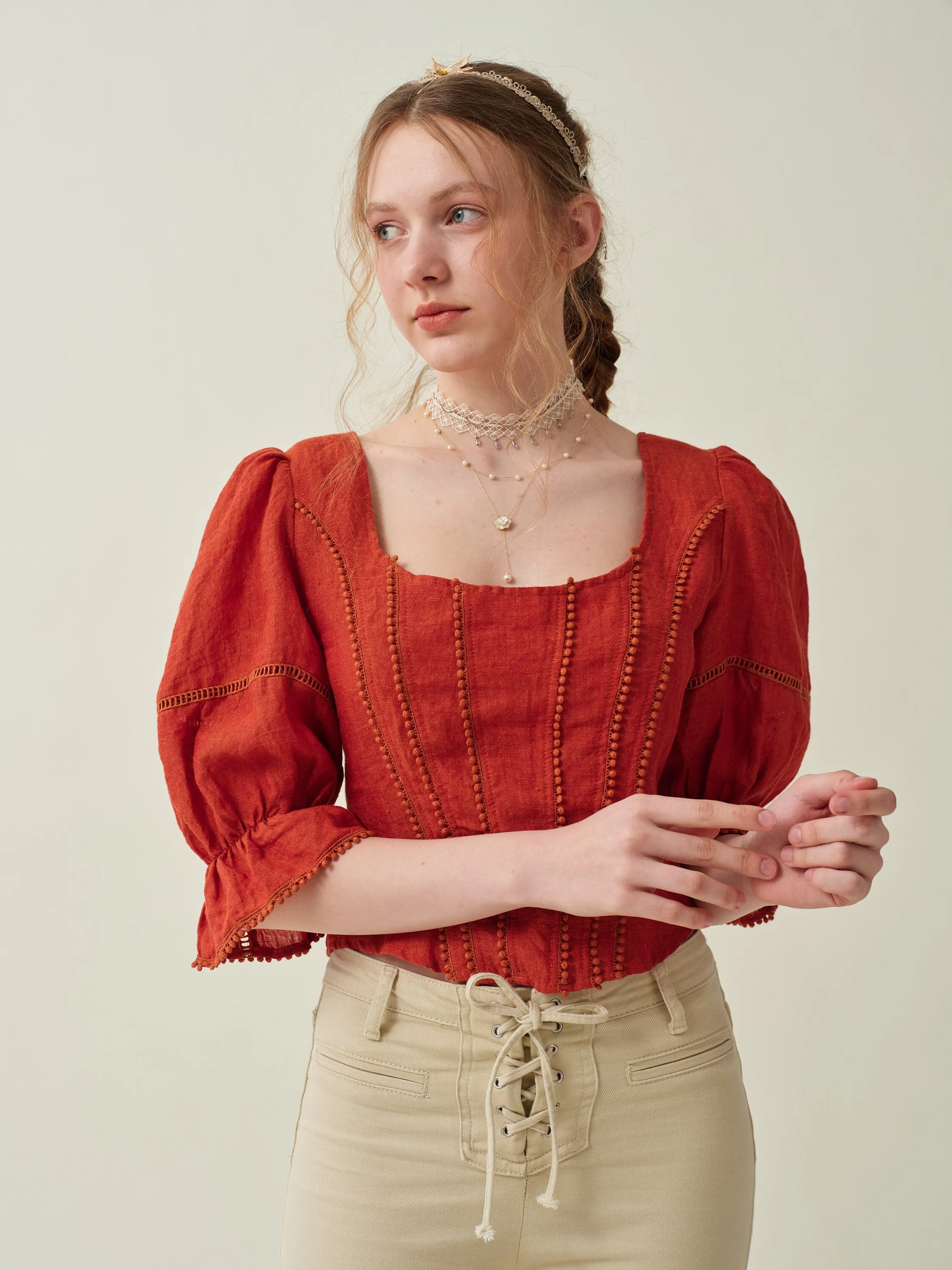 Vetiver 33 | Cross back linen blouse top