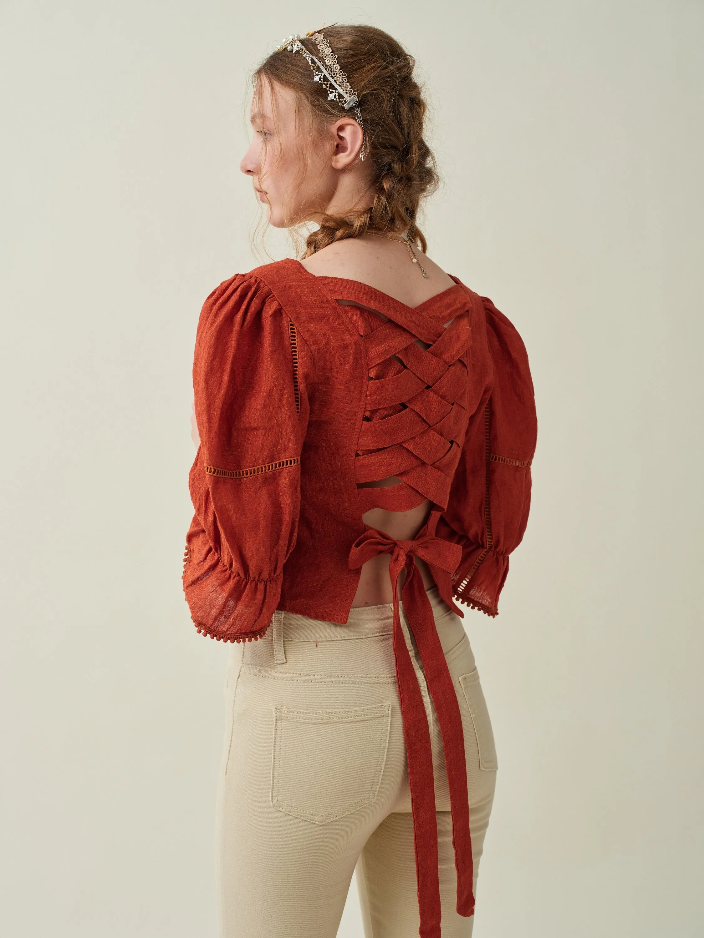 Vetiver 33 | Cross back linen blouse top